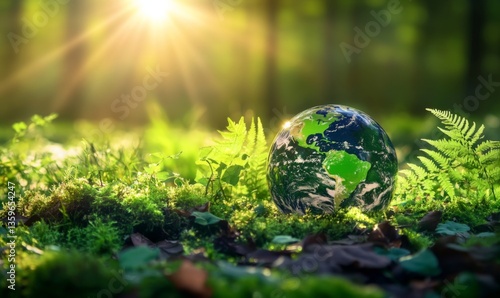 Golden hour illumination on glass globe amidst wild grass meadow, Earth Day metaphor for climate change awareness with copy space