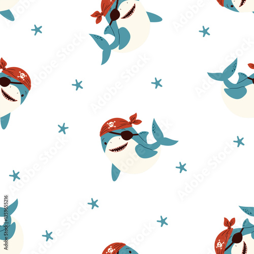 Seamless vector pattern in a simple childish style. Cute shark in pirate bandana, starfish, white background . Vector illustration