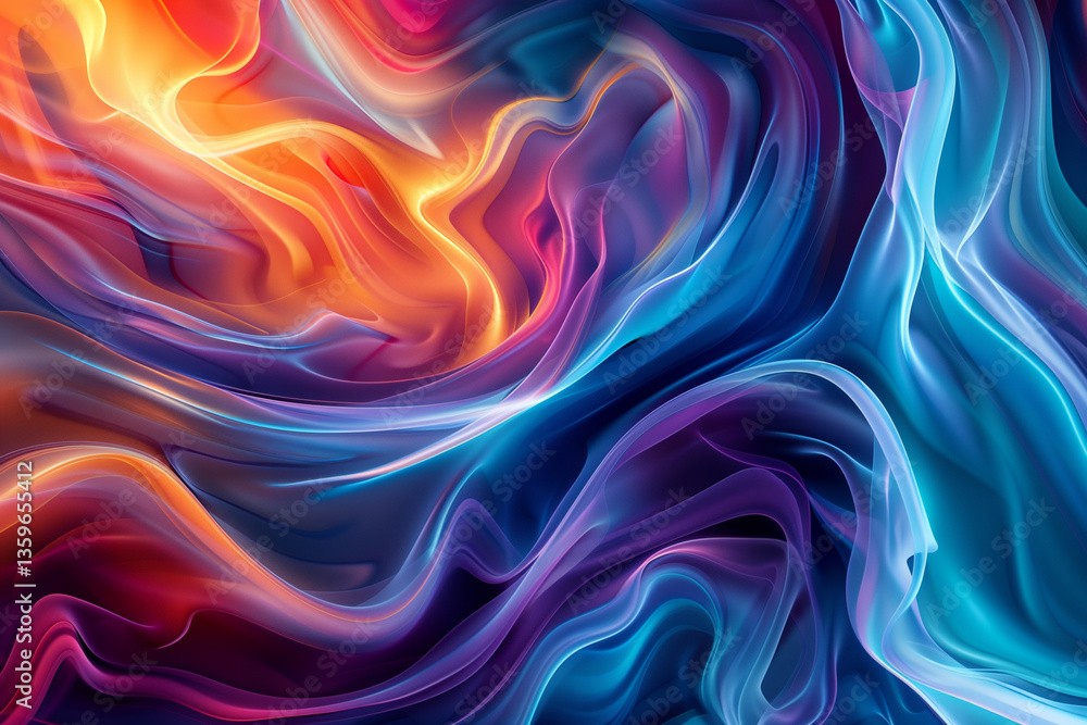 Naklejka premium A dynamic and colorful digital artwork featuring swirling patterns and fluid shapes, ideal for a visually striking computer wallpaper.