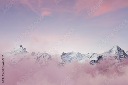 Digital composition of Mönch und Jungfrau mountain covered by pink clouds