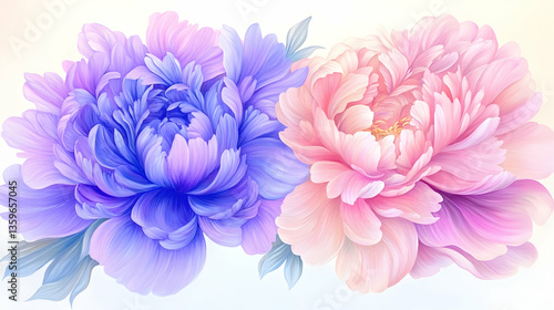 Pastel pink and blue peonies blossom close-up