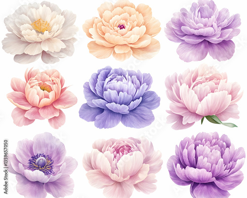 Pastel Peonies floral arrangement,  white background, design element