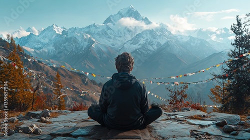 Sherpa elder meditating in front of a sacred chorten stupa surrounded by prayer flags fluttering in the cold mountain breeze with the Himalayas stretching into the distance captured with prime lens