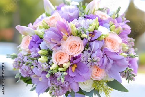 Pastel wedding bouquet, outdoor ceremony, blurred background