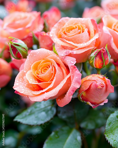 Peach roses blooming in garden, dew drops, nature