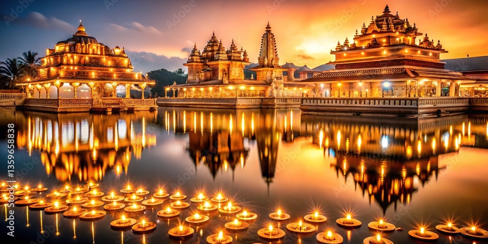 Fototapeta premium Diwali Temple Reflection - Illuminated Diyas