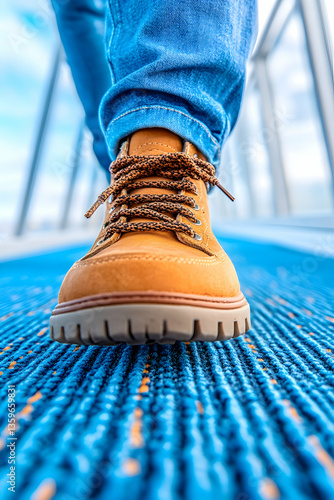 Person walking on blue airport moving walkway