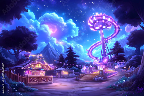 Nighttime fantasy amusement park, mountain backdrop, whimsical village