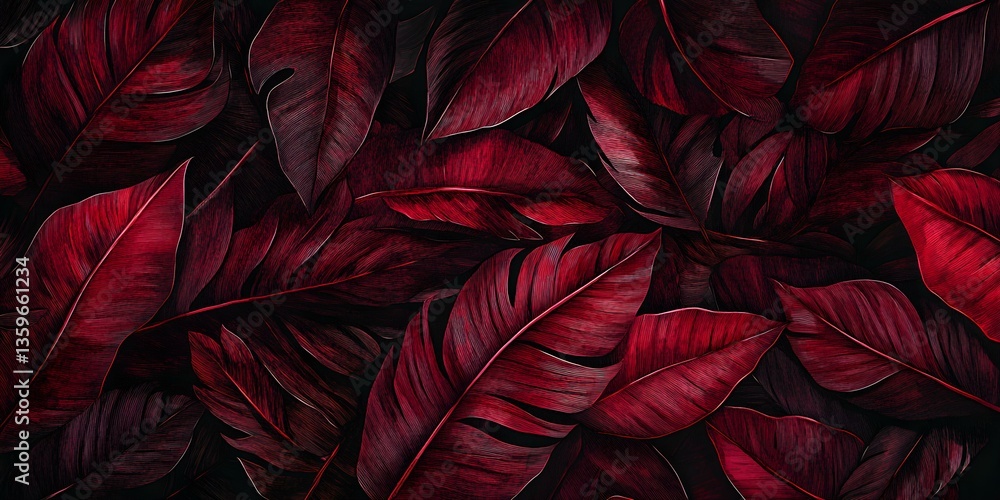 Digital Illustration of Tropical Leaves in burgundy Tones Digital Illustration of Tropical Leaves in burgundy Tones