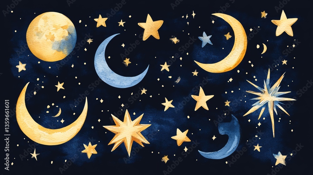 Naklejka premium Watercolor, white background isolated. Watercolor collection of sun, moon and stars on isolated white background. sky watercolur. Celestial bodies and stars on a starry night.