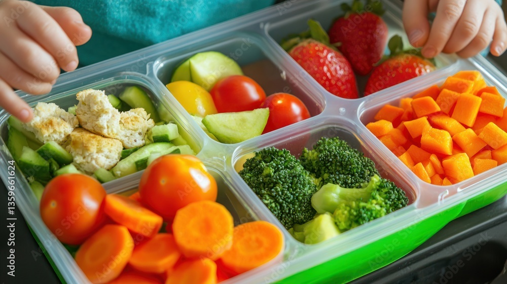 A child eating a healthy, balanced lunch with vegetables, fruits, and protein, promoting healthy eating from a young age. A child eating a healthy, balanced lunch with vegetables, fruits, and protein, promoting healthy eating from a young age.