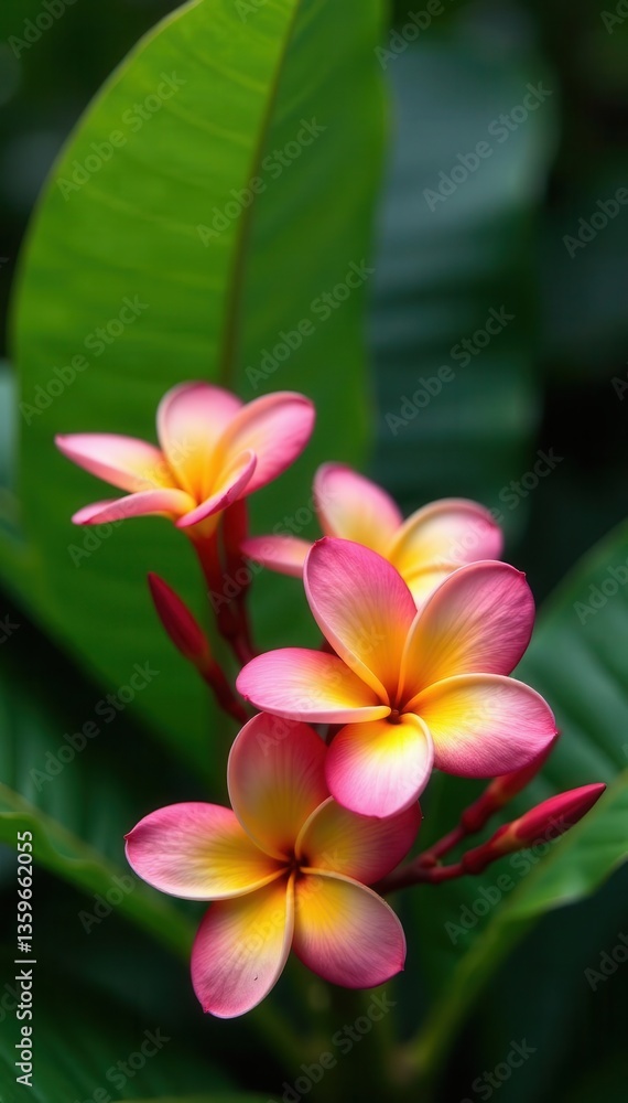 Close-up of vibrant frangipani blossoms and lush green leaves , closeup, red Close-up of vibrant frangipani blossoms and lush green leaves , closeup, red