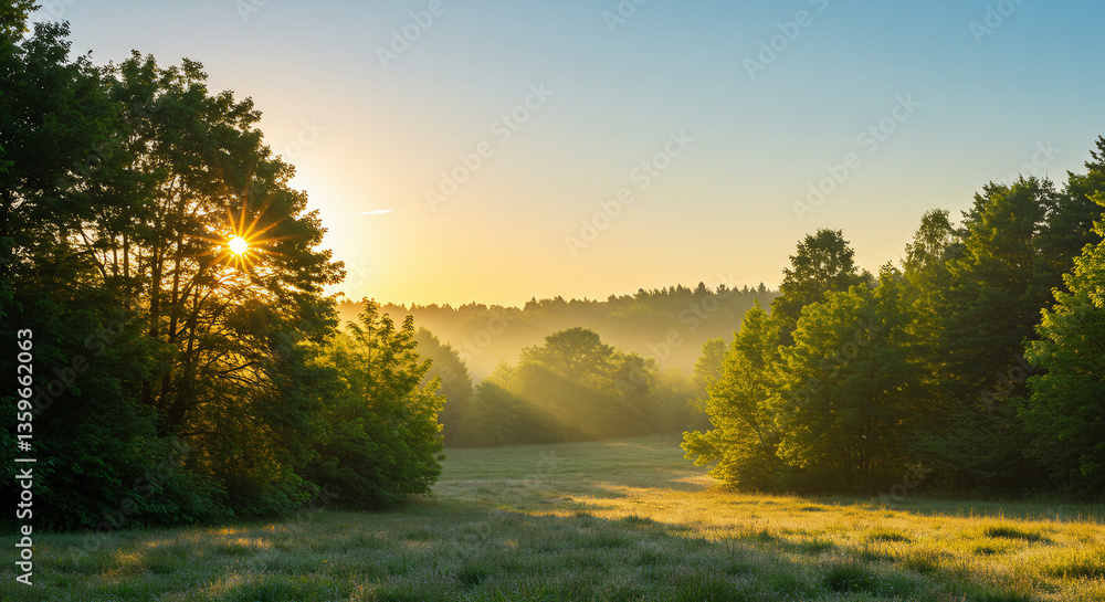 Obraz premium Scenic Sunrise Over Misty Forest with Golden Light