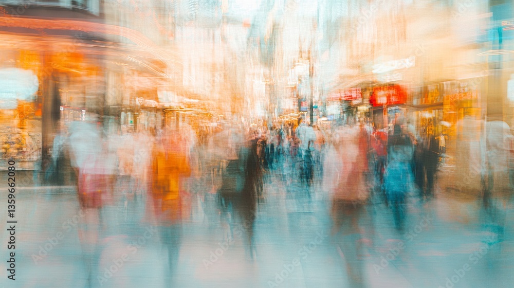 Blurred view of a bustling city street, motion streaks from moving vehicles blending with soft light from storefronts and signs, faint outlines of pedestrians creating a lively atmosphere