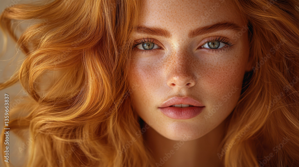 Naklejka premium Beautiful portrait of a young woman with flowing red curls and striking blue eyes in soft natural light