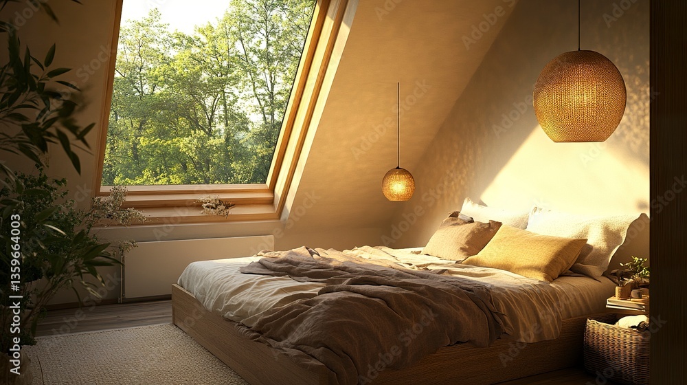 Fototapeta premium Charming attic bedroom with slanted ceilings, soft pendant lights creating a golden glow, a skylight overlooking the trees, a bed dressed in warm neutral tones 