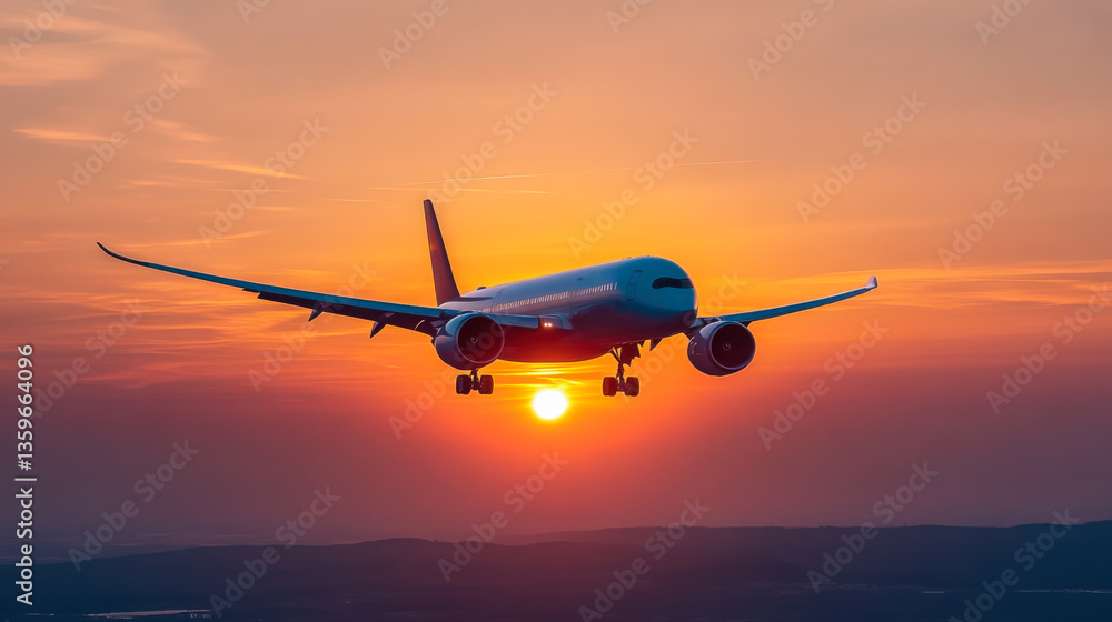 Airplane landing at sunset over the horizon with vibrant colors illuminating the sky Airplane landing at sunset over the horizon with vibrant colors illuminating the sky