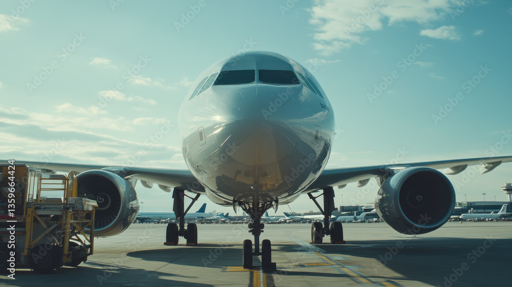 Naklejka premium Airplane preparing for departure at airport during sunny afternoon with maintenance crew present