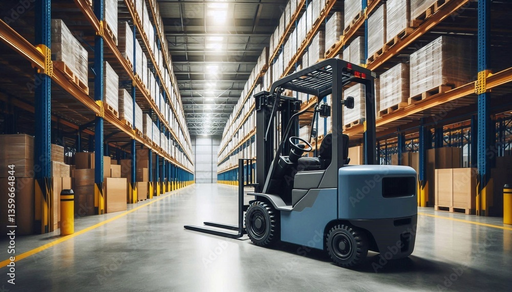 Naklejka premium Empty forklift in a spacious warehouse. Warehouse concept