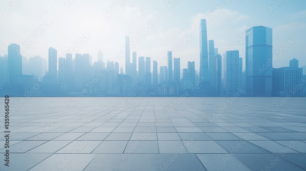 Chongqing architectural marvels towering above a deserted city square, the futuristic skyline glowing softly under a pale blue sky, clean paving stones creating symmetry and balance Chongqing architectural marvels towering above a deserted city square, the futuristic skyline glowing softly under a pale blue sky, clean paving stones creating symmetry and balance
