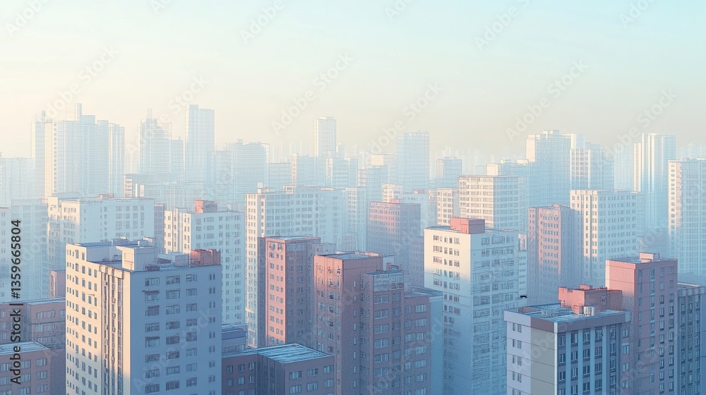 Fototapeta City panorama featuring rows of buildings of varying heights, a bustling urban grid with high-rises and low-rise apartments, faint mist softening the horizon 