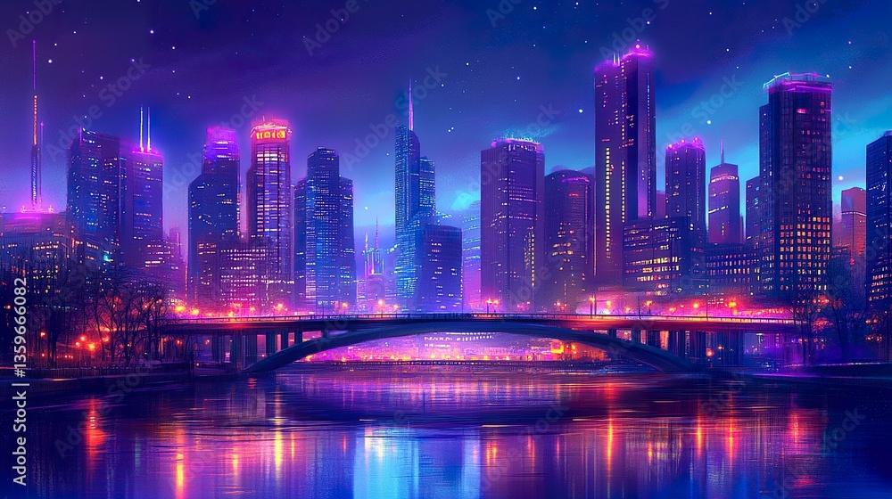Obraz premium City skyline at night featuring iconic skyscrapers glowing with soft light, bridges illuminated over a quiet river, a gradient of dark blues and purples in the sky