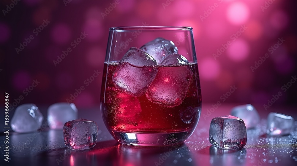 A glass of red beverage with ice cubes. A glass of red beverage with ice cubes.