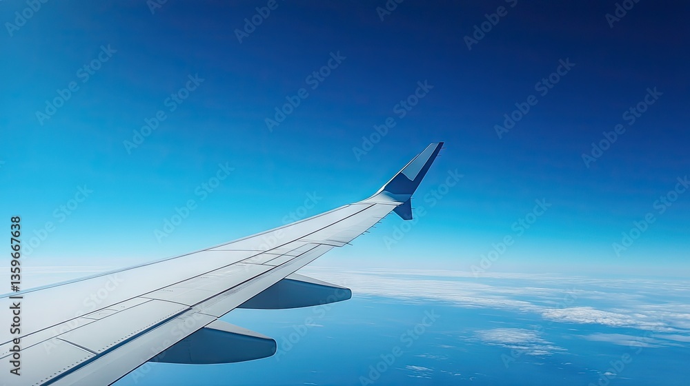 A calm and serene scene of an airplane wing gliding through the deep blue sky with no clouds in sight. A calm and serene scene of an airplane wing gliding through the deep blue sky with no clouds in sight.