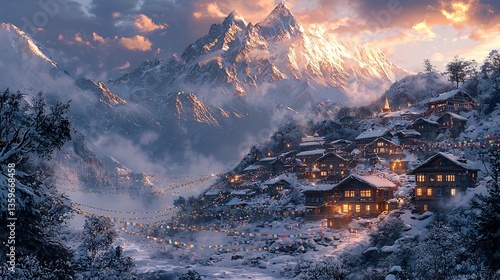 Sherpa village at dawn with prayer flags fluttering in the breeze and the first rays of sunlight illuminating the snow capped peaks above captured with prime lens