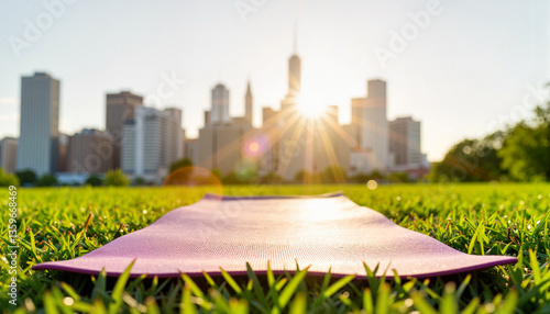 Yoga mat in urban park at sunrise, morning serenity