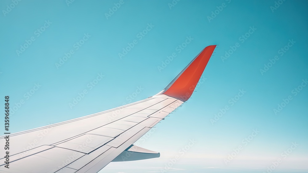 A close-up of an airplane wing with a sleek design, set against the backdrop of a clear blue sky. A close-up of an airplane wing with a sleek design, set against the backdrop of a clear blue sky.
