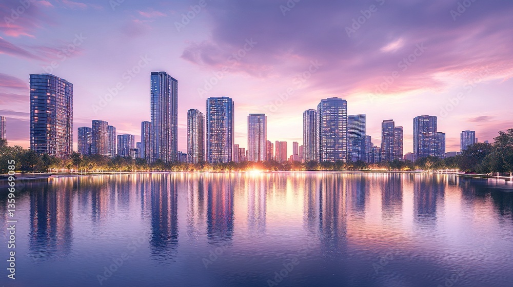 Naklejka premium Contemporary skyline of sleek buildings standing tall under a pastel sunset, warm and cool tones blending seamlessly, the calm water capturing the scene in perfect symmetry