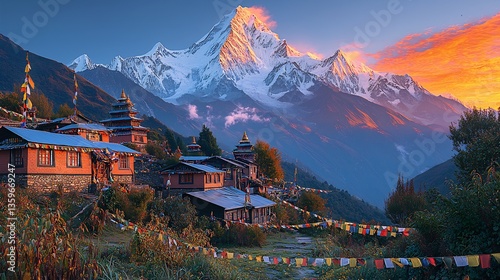 Sherpa village at dawn with prayer flags fluttering in the breeze and the first rays of sunlight illuminating the snow capped peaks above captured with prime lens