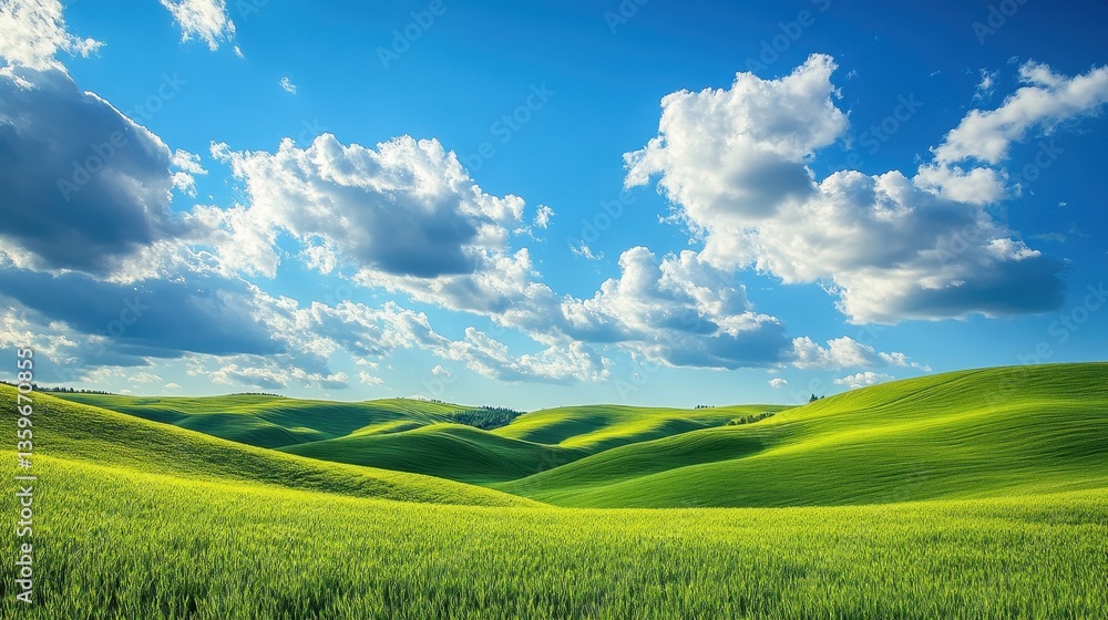 Obraz premium Rolling green hills under a vibrant blue sky, fluffy white clouds scattered above. Perfect for nature, travel, or environmental projects needing a peaceful, idyllic backdrop.