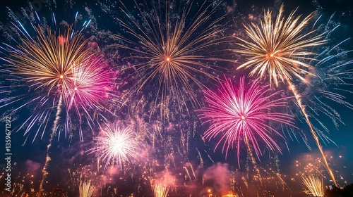 Dazzling fireworks arching high above a well-lit urban skyline, the clear sky amplifying their vivid hues, faint trails of light descending 