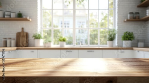 Bright and spacious kitchen with empty wooden countertop and natural light, cooking area, product presentation background