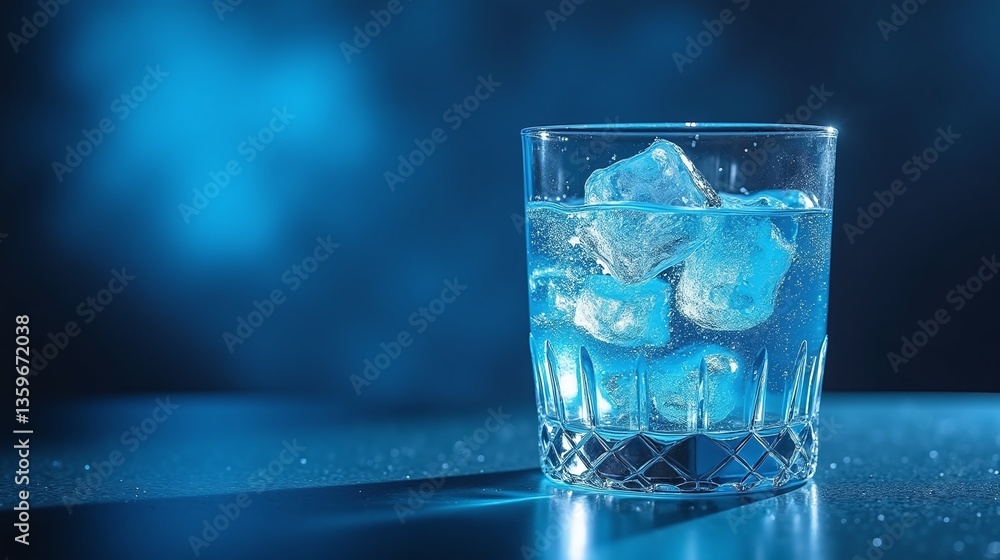 A glass filled with ice and a blue liquid, set against a deep blue backdrop. A glass filled with ice and a blue liquid, set against a deep blue backdrop.