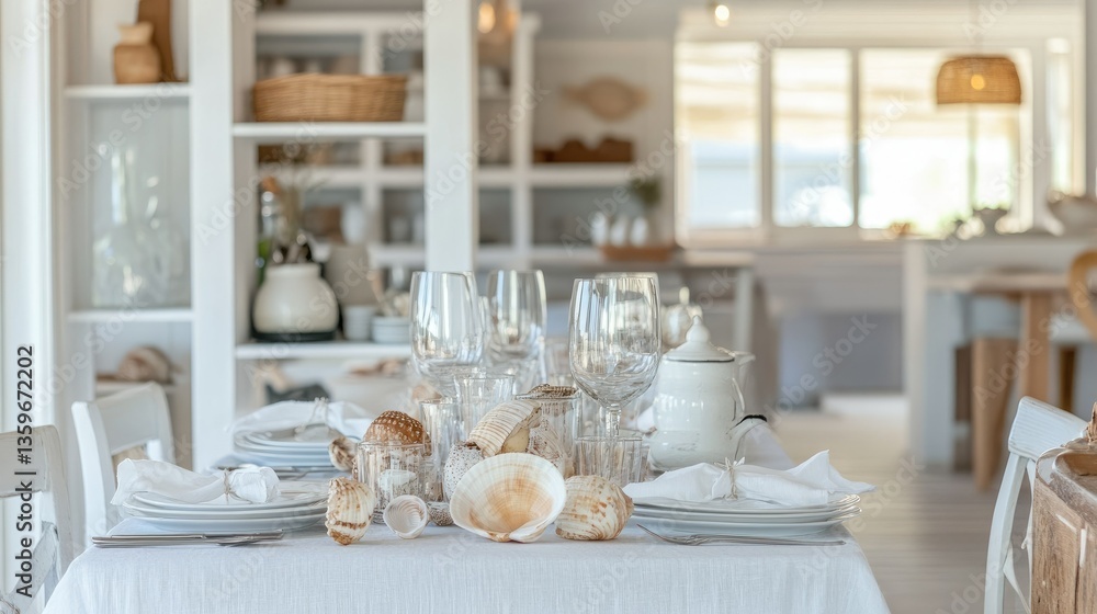 Fototapeta premium A coastal-inspired dining space with a white linen tablecloth, seashell decorations, and a relaxed beach house atmosphere.
