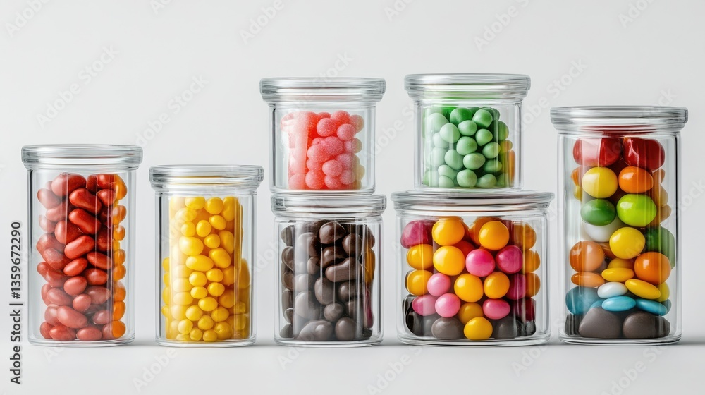 A collection of clear jars filled with an assortment of candy favorites like jelly beans, lollipops, and chocolates, isolated on a plain background. A collection of clear jars filled with an assortment of candy favorites like jelly beans, lollipops, and chocolates, isolated on a plain background.