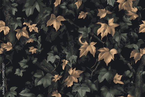 A highly detailed and realistic camouflage pattern featuring intertwining tree branches and autumn leaves in earthy tones. The dark background enhances the contrast of golden-brown leaves.