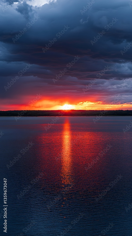 Fototapeta premium Fiery Sunset over Calm Lake Dramatic Sky