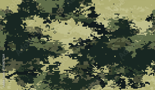 Digital Woodland Camouflage Pattern .. Pixelated Military Design in Green and Beige.