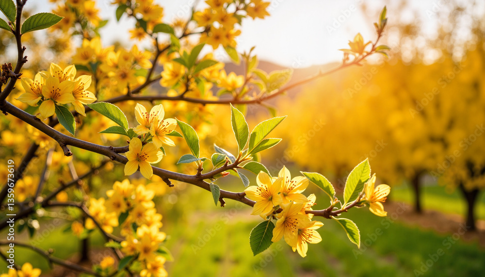 Golden blossoms of apple tree in vibrant orchard, spring beauty Golden blossoms of apple tree in vibrant orchard, spring beauty