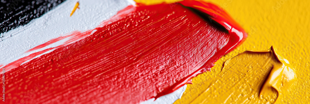 Close-up of Red, White, Black, and Yellow Oil Paint Strokes on Canvas