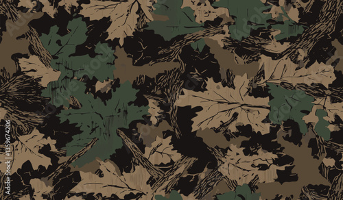 Forest Camouflage Pattern with oak leaves and branches in earthy tones of brown, green, and black, creating a nature-inspired camouflage ideal for outdoor, hunting, and tactical applications.