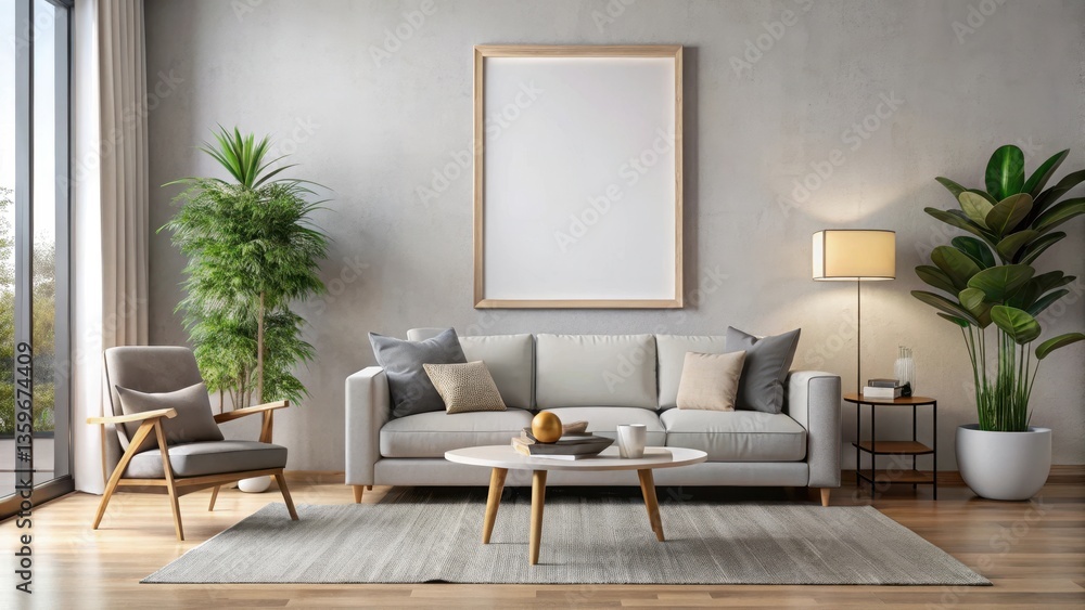 Fototapeta premium Sleek Modern Mock Up Poster Frame in Living Room , contemporary interior