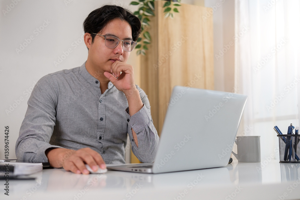 Focused young businessman working on laptop in bright office space Focused young businessman working on laptop in bright office space