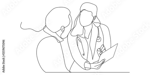 Continuous line drawing of doctor activities, medicine, patient, doctor, healthcare. Hand drawn single line vector illustration