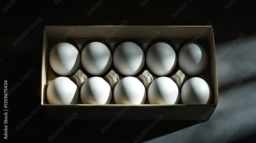A dozen eggs in a cardboard box placed on a dark slate background, with moody shadows adding depth. A dozen eggs in a cardboard box placed on a dark slate background, with moody shadows adding depth.
