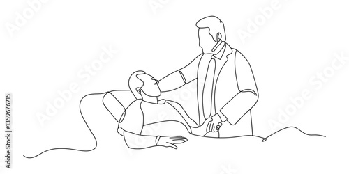 Continuous line drawing of doctor activities, medicine, patient, doctor, healthcare. Hand drawn single line vector illustration